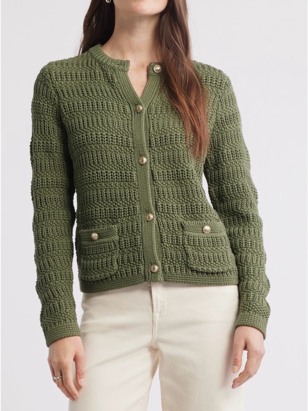 Caslon Olive Green Crochet Button-Front Cardigan